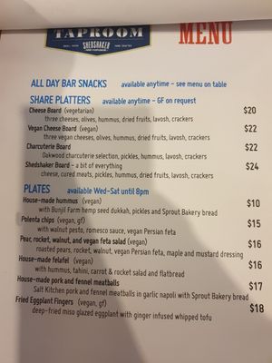 Other food menu including vegan cheeseboard, polenta chips and eggplant fingers at Shedshaker Brewing Company in Castlemaine