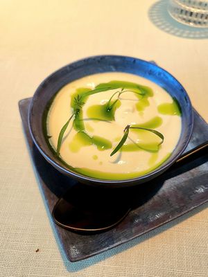 Fermented soy cream with orange tomato at FARO in Tokyo
