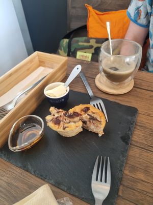 Vegan banana muffin with vegan butter and maple syrup at Seneca in Wakayama