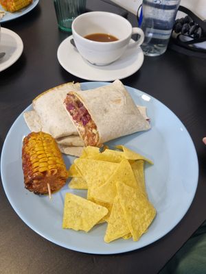 Loaded burrito & americano with almond milk at Sin Carne Cantina in Matlock