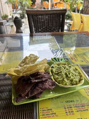 Guacamole with homemade chips  at Buddha Cafe in Samosir