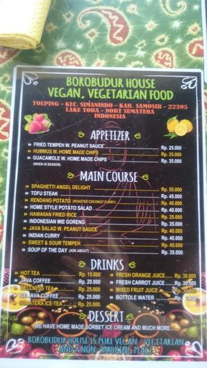 Menu as at August 2017 at Buddha Cafe in Samosir