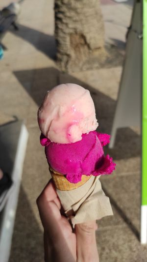 Guava and fig vegan ice cream (cone is sadly not vegan) at Heladería Helathlon in Lanzarote