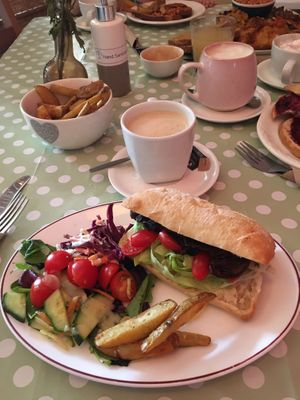 Aubergine BLT and a oat milk latte  at Katie's Homemade Kitchen in Marsden