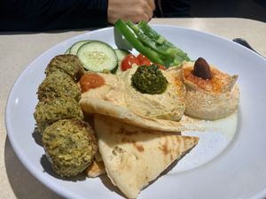 The hummus trio add falafel. (Everything is vegan except the pesto on the hummus) at Zoës Kitchen in Mount Pleasant