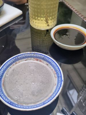 Black sesame and peanut sauce (front) and teriyaki sauce (back) at Dim Sum Spot - Letná in Prague