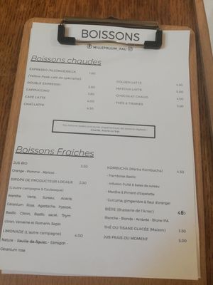 Drink menu at Millefolium in Pau