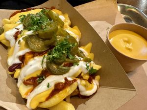 chilli 'cheese' vegan fries  at Frittenwerk - Hbf Düsseldorf in Dusseldorf