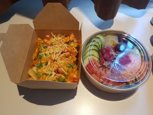 Left the Bolofritten and to the right the Rainbow Bowl. Delicious!!! at Frittenwerk - Hbf Düsseldorf in Dusseldorf