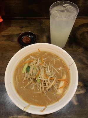 Red ramen, spicy miso bomb and lemonade   at Hachioji Ramen in Los Angeles