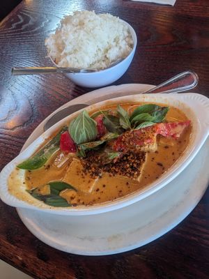 Panang curry with tofu, comes with jasmine rice at Bangkok Thai in Spokane