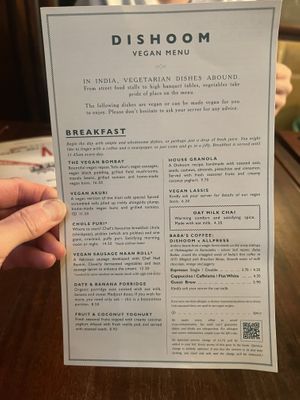 Breakfast vegan menu   at Dishoom in East London