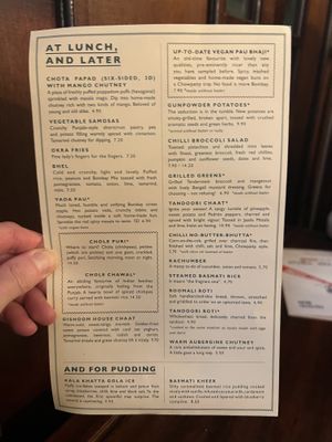 Vegan lunch menu   at Dishoom in East London