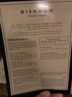 Menu  at Dishoom in East London