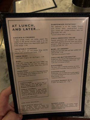 Menu  at Dishoom in East London