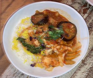 Vegan eggplant/tomato/rice stew at Kubeh in New York City