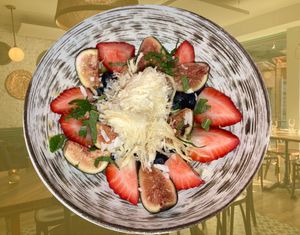 Vegan dessert (superposed over inside venue) at Kubeh in New York City