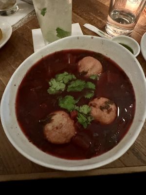 Iraqi vegetable kubeh with selek (beets) broth   at Kubeh in New York City