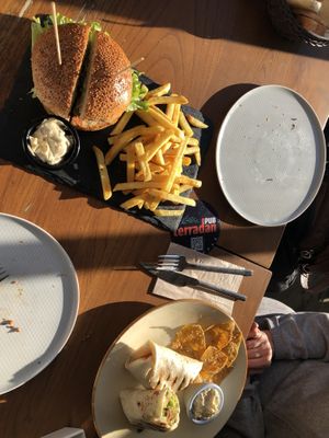 Delicious burger and falafel wrap!!  at Terradan Pub in Ankara