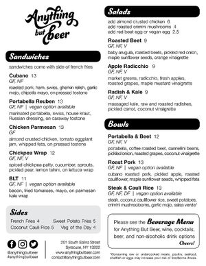 Lunch menu 2/26/20 at Anything But Beer in Syracuse
