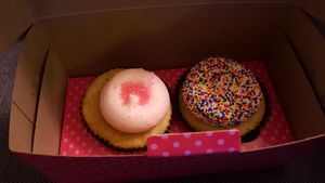 Vanilla with pink buttercream frosting and sprinkles (both vegan) at Smallcakes in Indianapolis