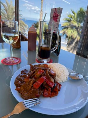 Vegan duck, extra spicy.  at Sunset Bay in Gran Canaria