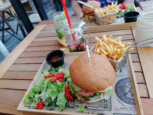 Burgers and drinks. at Good Vibes in Gran Canaria