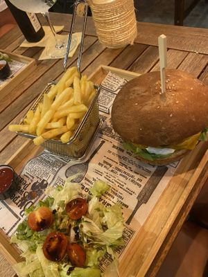 Burger and fries at Good Vibes in Gran Canaria