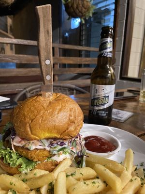 Vegan burger + vegan alcohol free beer  at Albedrío in Tegucigalpa