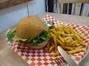 Vegan bacon cheeseburger and fries. Excellent 👌🏽 at Kiez - Vegan Butcher Cafe & Bistro in Hanoi