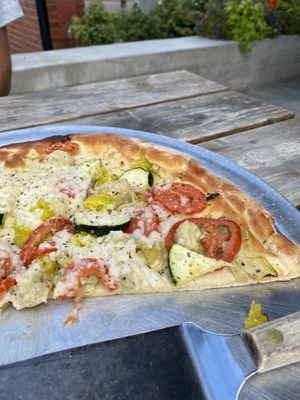 Demeter pizza with garlic oil base & vegan cheese 🍕   at Hopworks Urban Brewery in Vancouver