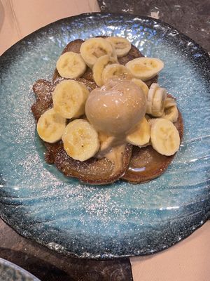 Vegan pancakes with banana and ice cream   at Monk Bodhi Dharma in Balaclava