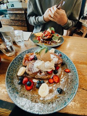 Vegan pancakes and hungry jimbo!  at Monk Bodhi Dharma in Balaclava
