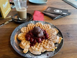 Sweet waffle with cherries and chocolate ice cream at 401 - Waffeln & Co in Jena