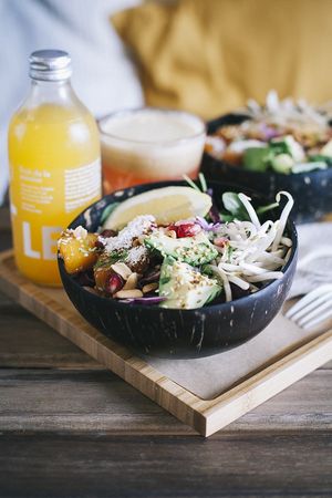 Vegan coconut salad and organic soda.
 at Le Mango Tree 2 in Hossegor