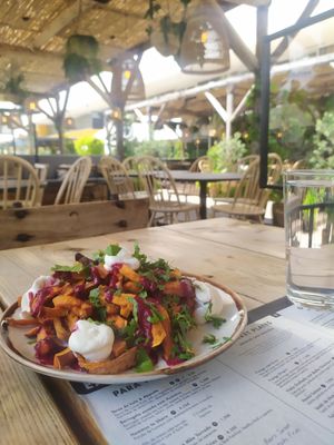 Loaded sweet potatoes fries at Honest Greens in Lisbon