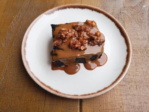 Cauliflower brownie with salted caramel  at Honest Greens in Lisbon