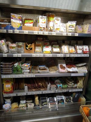 Vegan cheeses by Soyana and New Roots, various tofu brands, some small homemade seitan meats in the freezer #Veganuary at BioCasa in Lugano