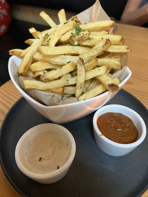 Fries with vegan dipping sauces   at BROT in Guerneville