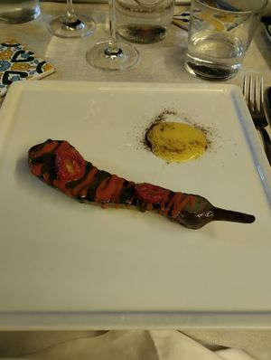 The yellow souce is made of yellow tomatoes at Libra in Bologna