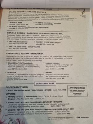 Wine list at Carrito Organic in Sao Paulo