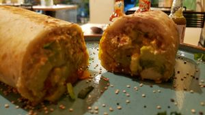 Breakfast burrito (R$53). Creamy and decent but not quite authentic. A pale imitation of an American breakfast burrito. at Carrito Organic in Sao Paulo