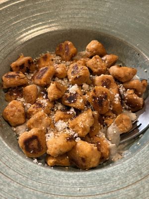 Potato gnocchi with bechamel  at Carrito Organic in Sao Paulo