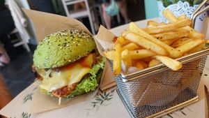 Tofu burger with fries at Zen Wonderland in Sintra