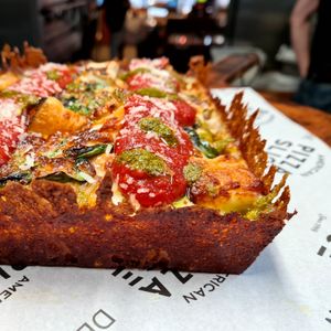 Spinach Garlic and Goats Cheese Detroit at American Pizza Slice in Liverpool