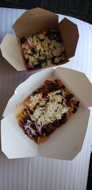 Nom Bowl w/seitan instead of soy curls, side salad at Nom Eats with Seats in Reno