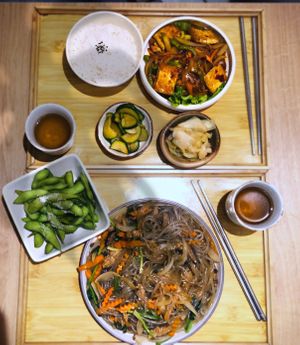 Edamame (2,5€), fried tofu with wok of veggies and rice   at Cantine De Lotus in Paris