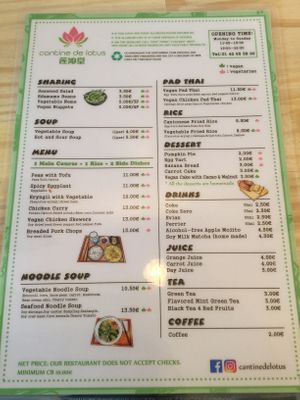 our menu  at Cantine De Lotus in Paris