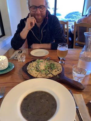 Mushroom chowder and flatbread with hummus  at The Views Vegetarian Restaurant in Kaiteriteri