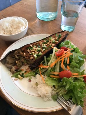 Eggplant with miso sauce and pine nut. We had already eaten a bit when the picture was taken.  at April in Paris